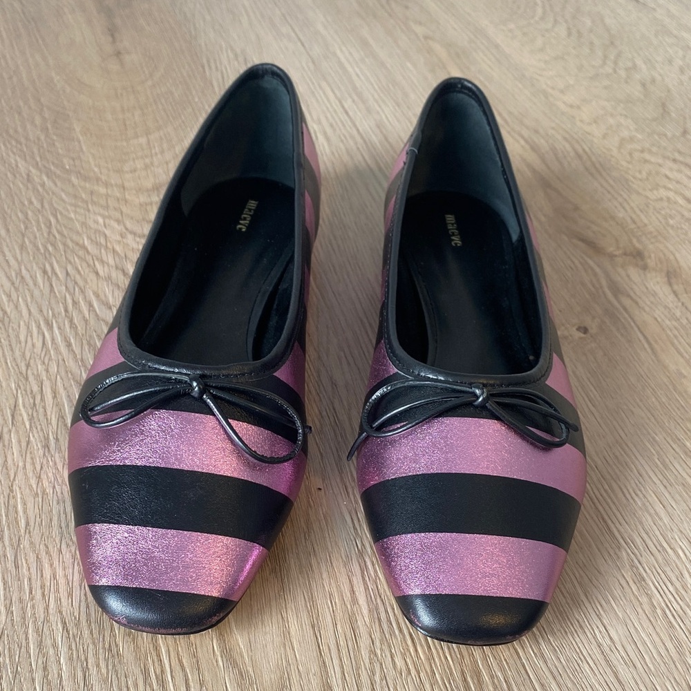 Maeve Anthropologie Pink Metallic & Black Striped Ballet Flats Bow